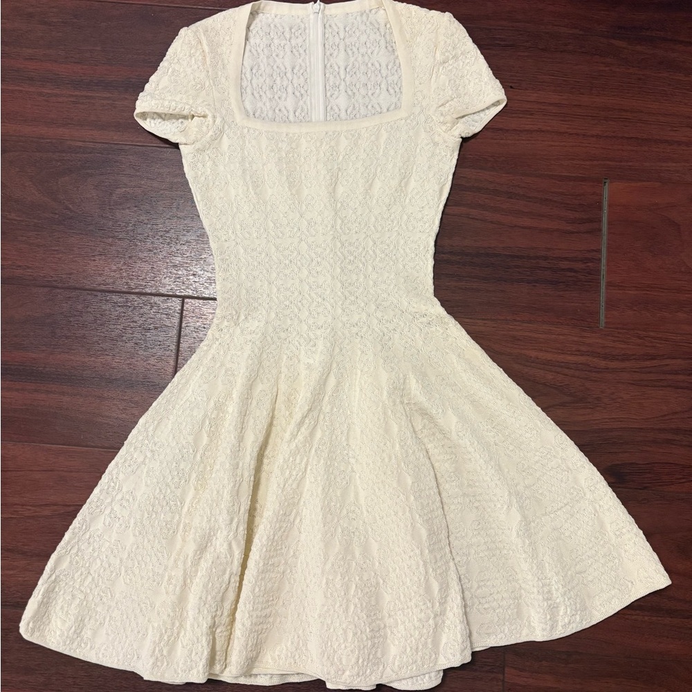 Alaia cream textured square neck fit and flare dress